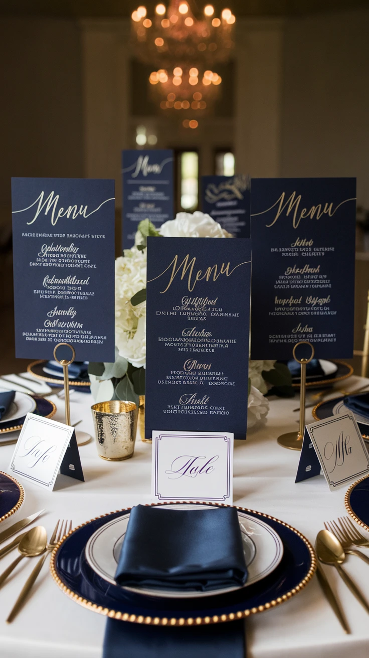 11. Navy Printed Menus and Place Cards