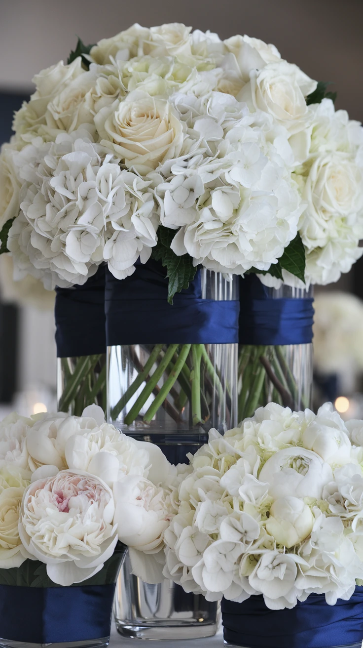 4. White Floral Centerpieces with Navy Accents