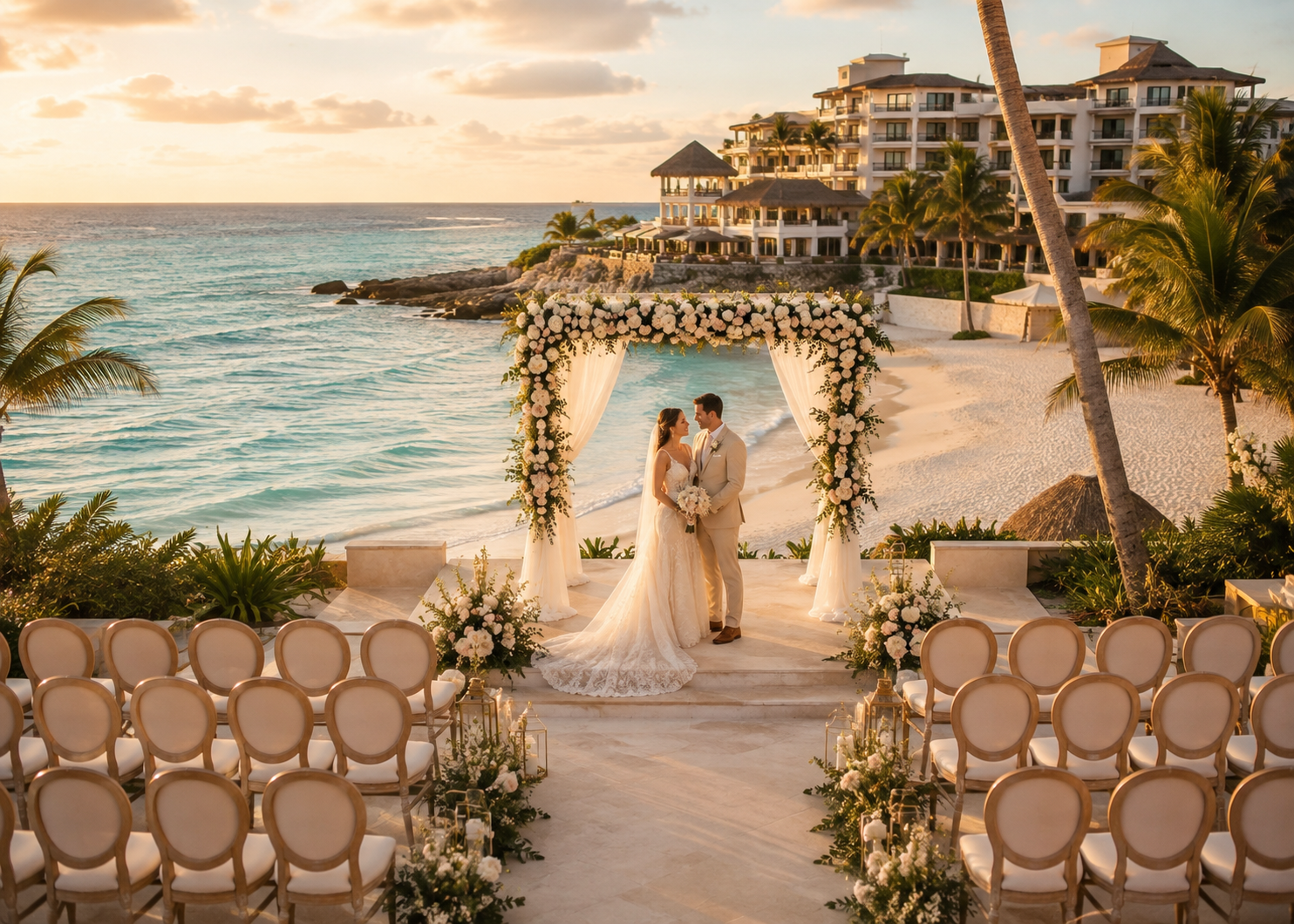 Beachfront destination wedding ceremony at a Cancún resort