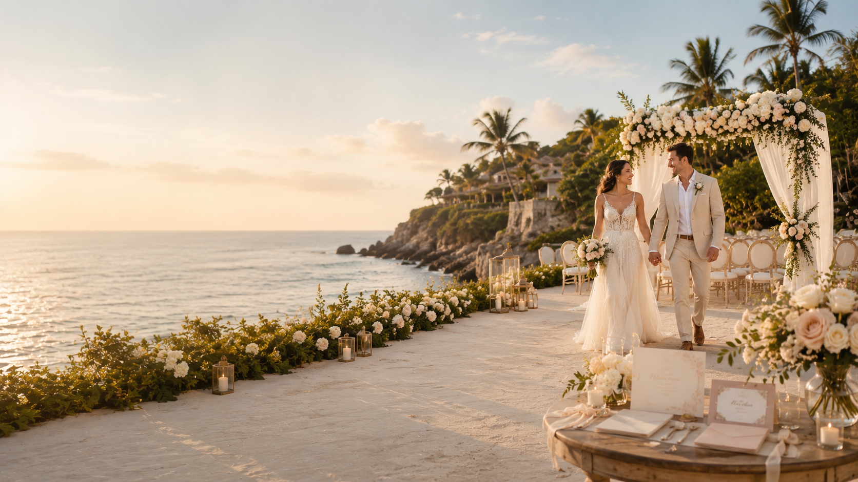 Destination wedding couple on a tropical beach
