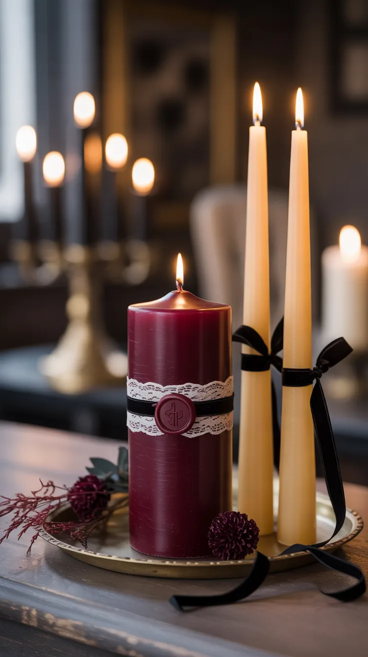 9. Handmade Unity Candle Set with Gothic Details